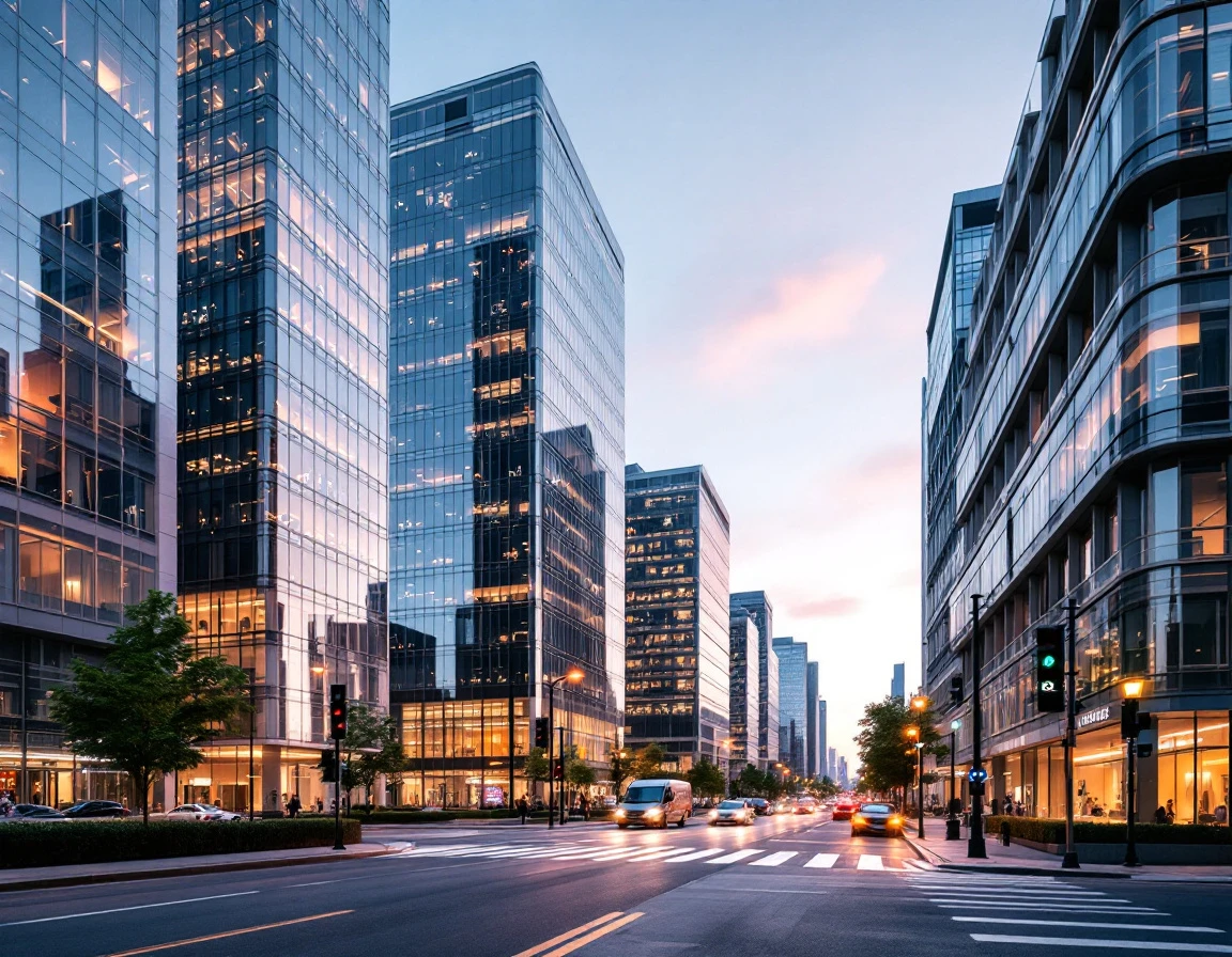 Modern urban business district with glass office towers and integrated communication infrastructure