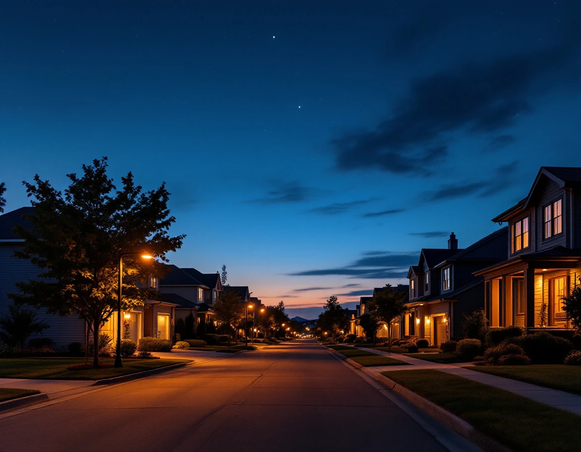 Suburban street at twilight with coordinated home lighting and subtle satellite visible in evening sky
