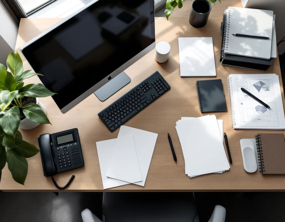 Professional desk setup with phone system and organized workspace for business communication management
