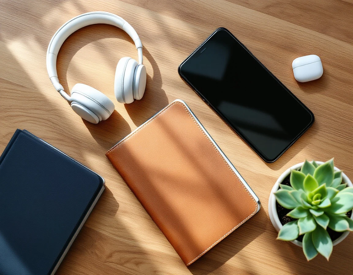 Flat-lay desk arrangement with headphones, smartphone, notebook, and succulent representing organized business systems