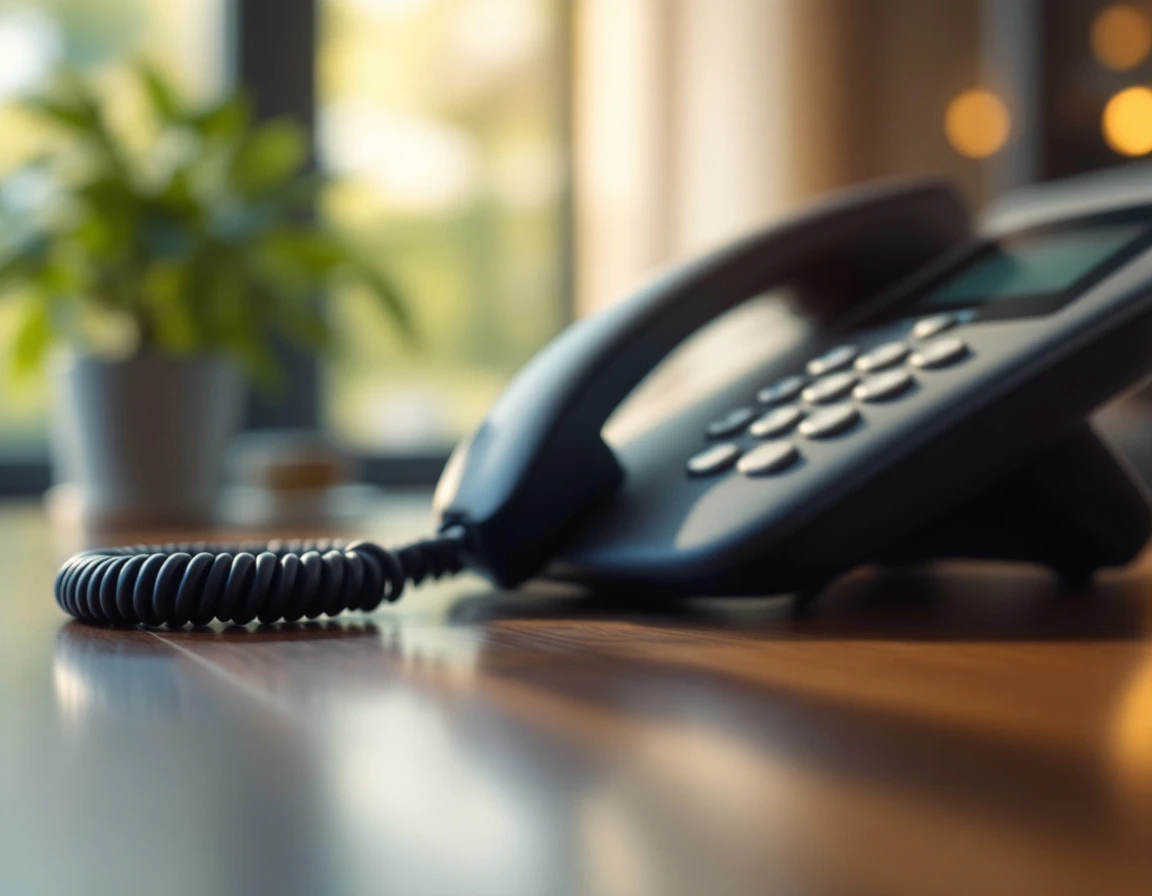 Business phone handset on wooden desk with natural lighting highlighting professional office environment