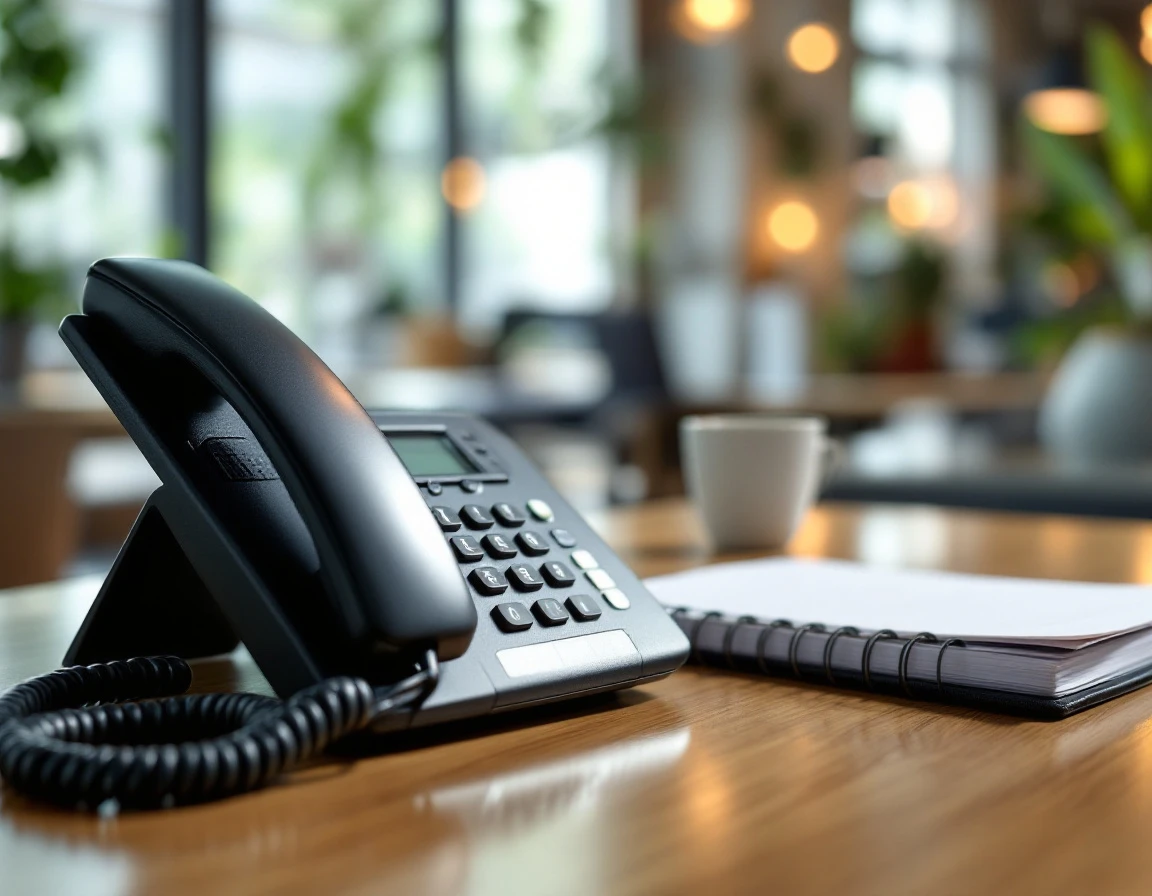Business desk phone on reception desk in professional service office with natural lighting