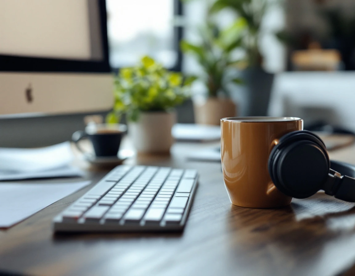 Professional workspace desk with coffee, headphones, and organized materials for call center planning