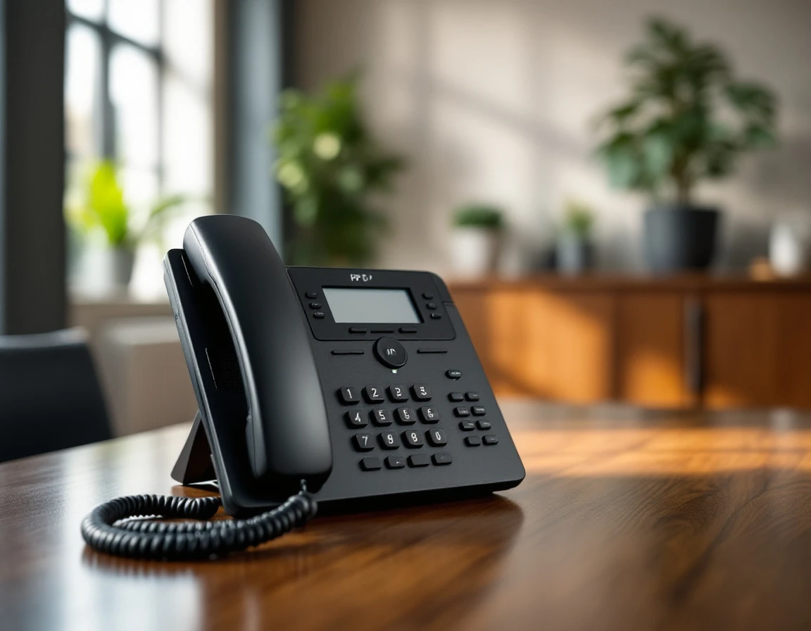Black IP business phone on office desk with blurred background showing corporate workspace