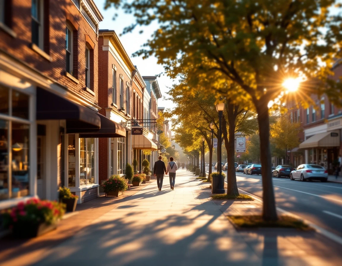 Historic main street with brick storefronts and tree-lined sidewalks during golden hour