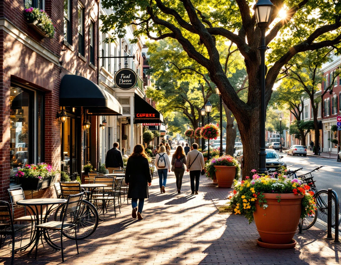Tree-lined pedestrian street with brick storefronts, outdoor cafés, and cyclists in afternoon sunlight