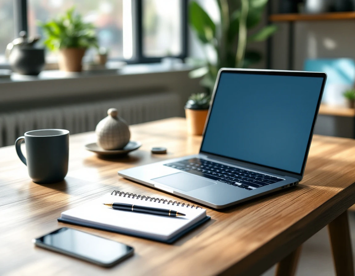 Professional workspace with laptop, smartphone, notebook and coffee mug on wooden desk with natural window lighting