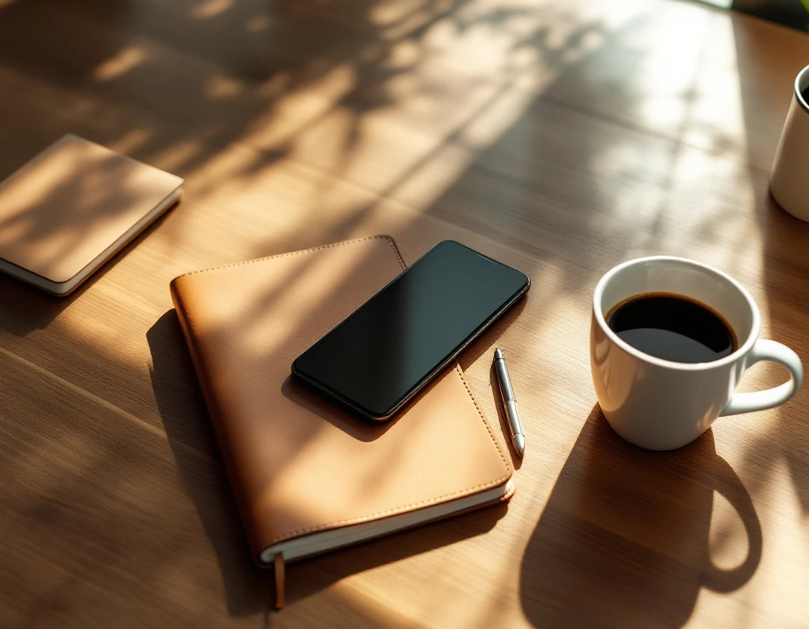 Modern business desk with smartphone, notebook, and coffee cup in natural lighting