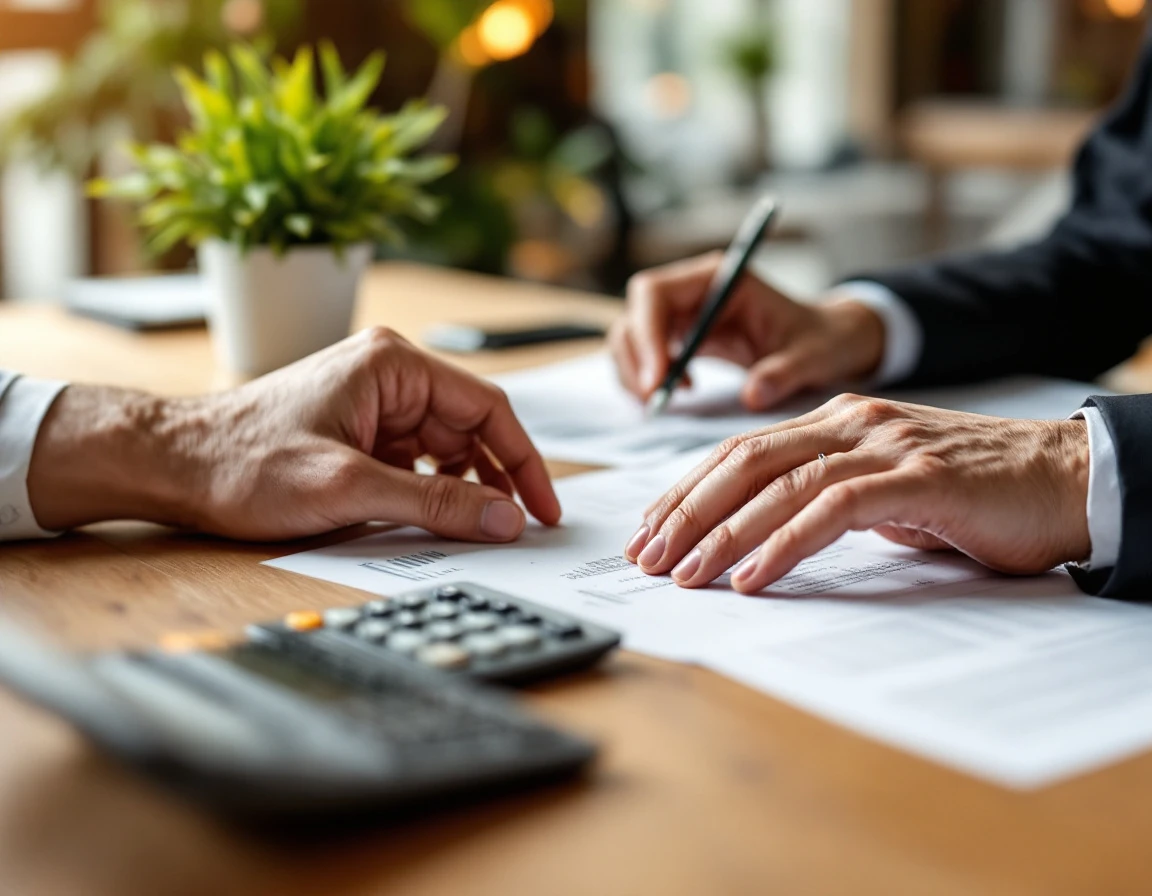 Business professional's hands at desk workspace with calculator and financial planning materials