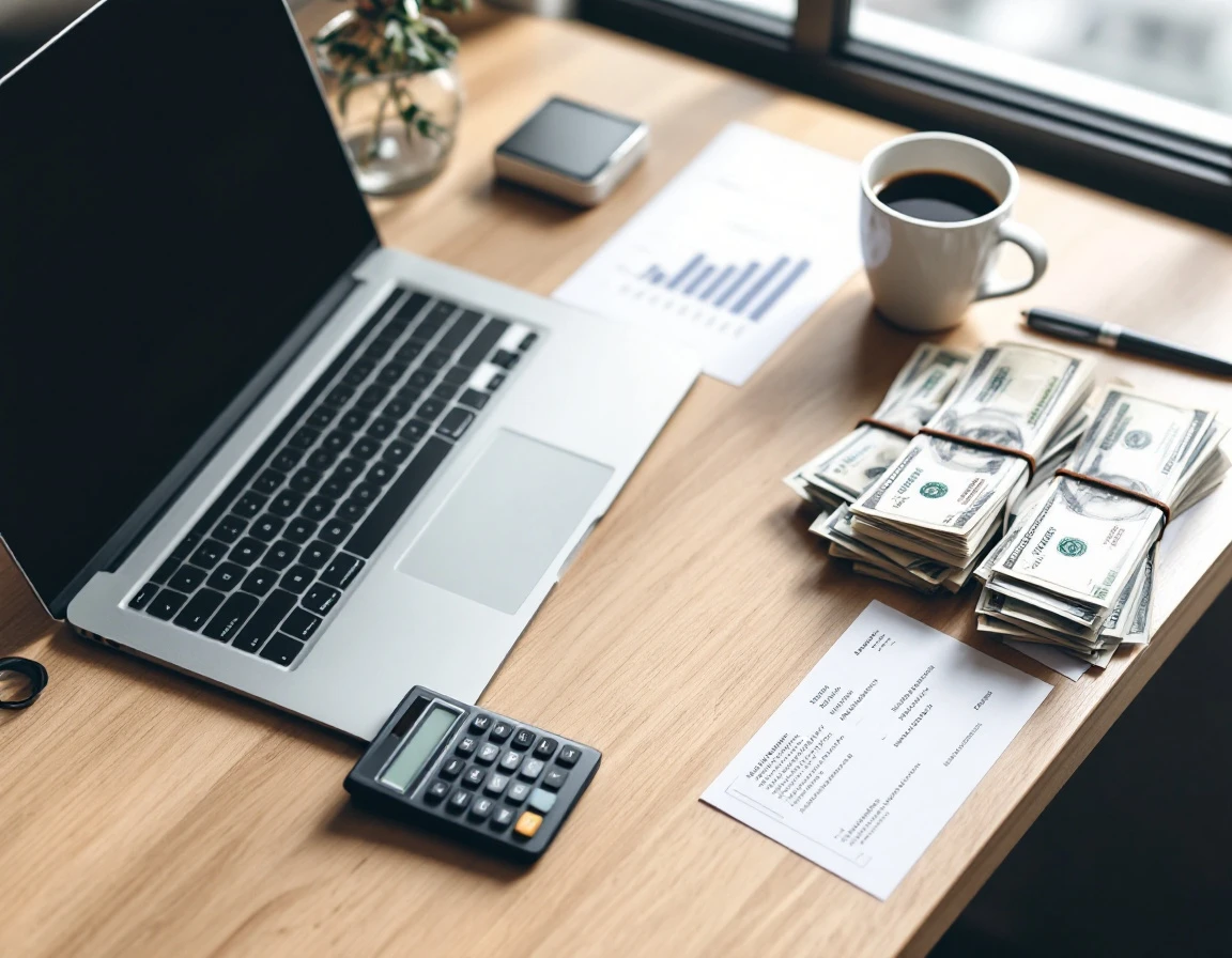 Business desk with calculator, laptop, and cash representing cost comparison between AI automation and hiring staff
