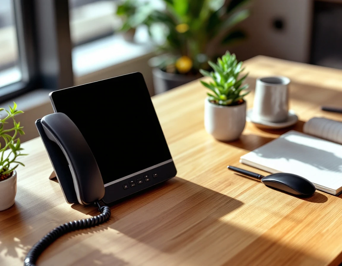 Modern office desk with IP phone and accessories illustrating communication technology for small businesses