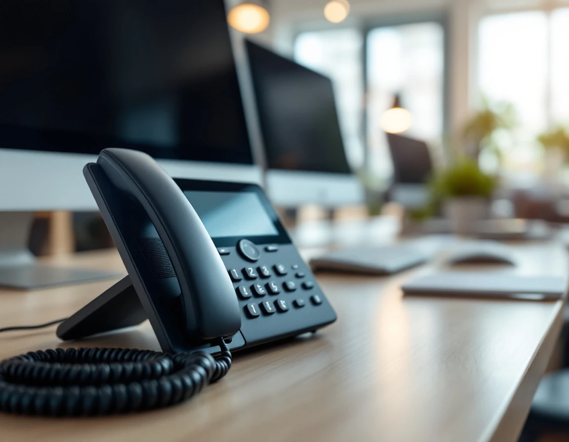 Multi-line business phone with illuminated buttons showing simultaneous incoming calls on office desk