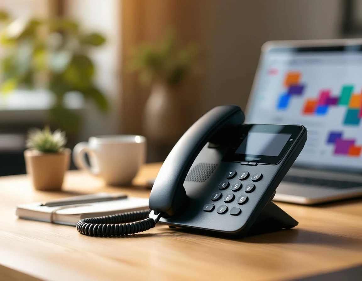 Modern office desk with phone and laptop suggesting professional call management workflow