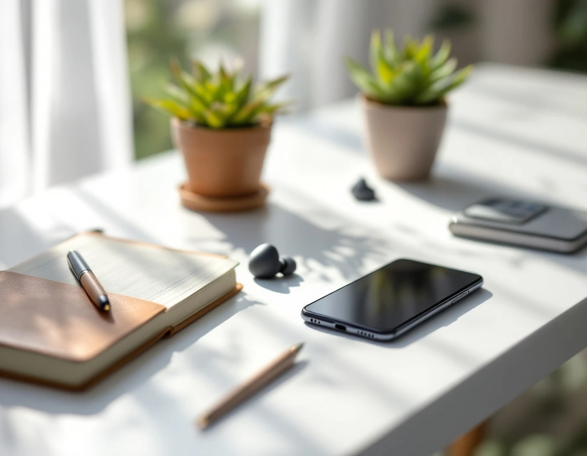 Modern office workspace with smartphone, wireless earbuds, and notebook in natural window light