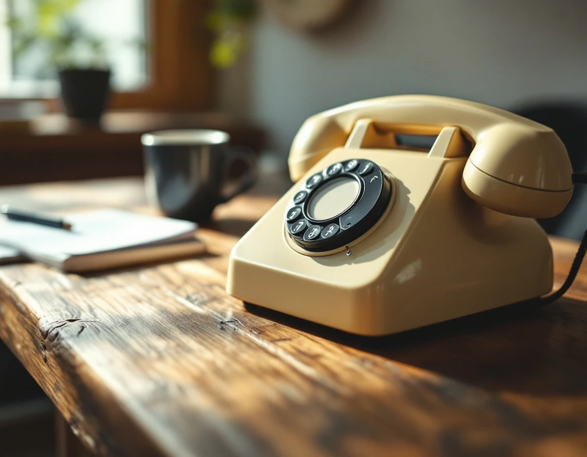 Vintage desk telephone ringing unanswered on wooden office desk with shallow depth of field