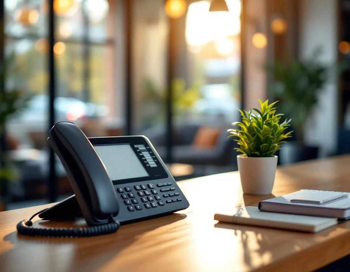 Reception desk with phone and organized workspace in a small business office with natural lighting