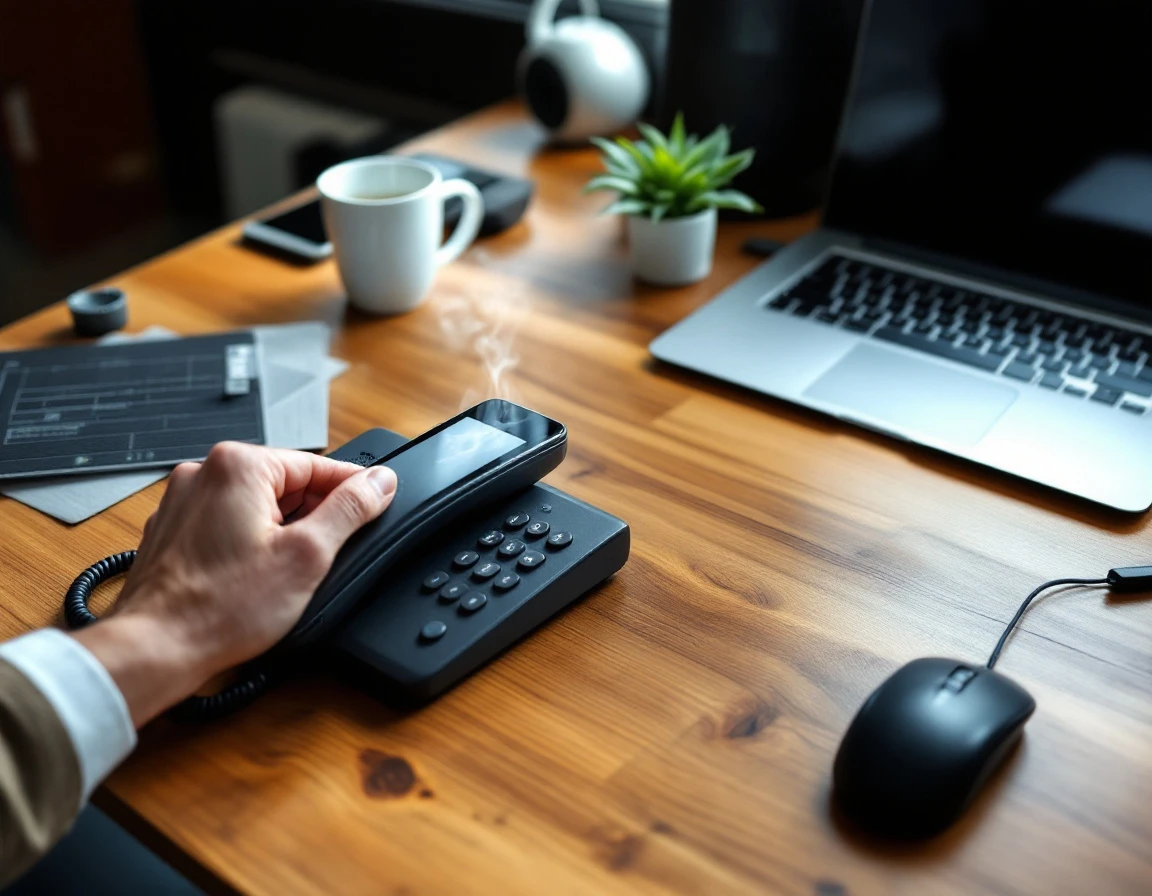 Overhead view of reception desk with phone, coffee, and computer in modern small business office