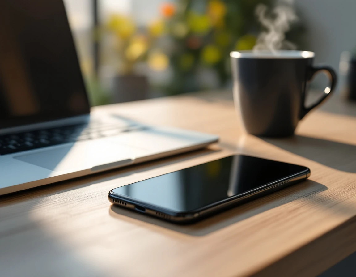 Smartphone resting face-down on desk beside laptop in minimalist workspace with natural lighting