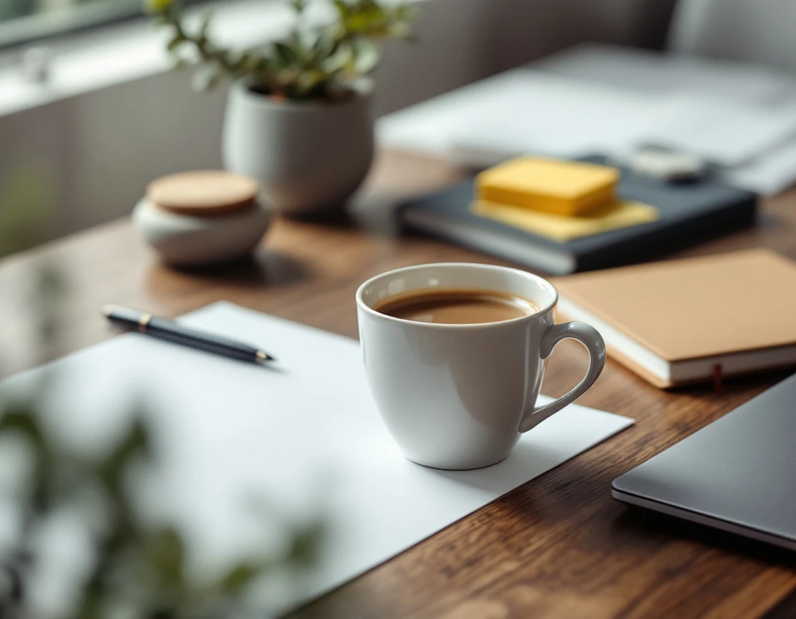 Workspace desk with coffee cup, blank papers, and office supplies in soft natural lighting