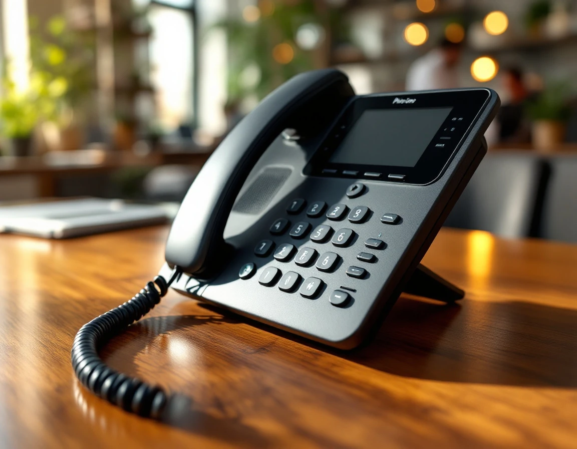 Modern business VoIP phone on wooden desk in professional office with natural window lighting