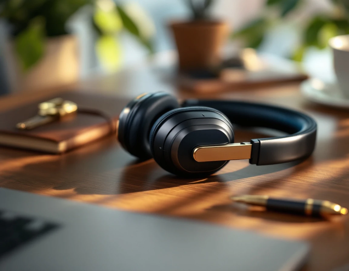 Wireless headset and organized workspace showing professional business communication setup