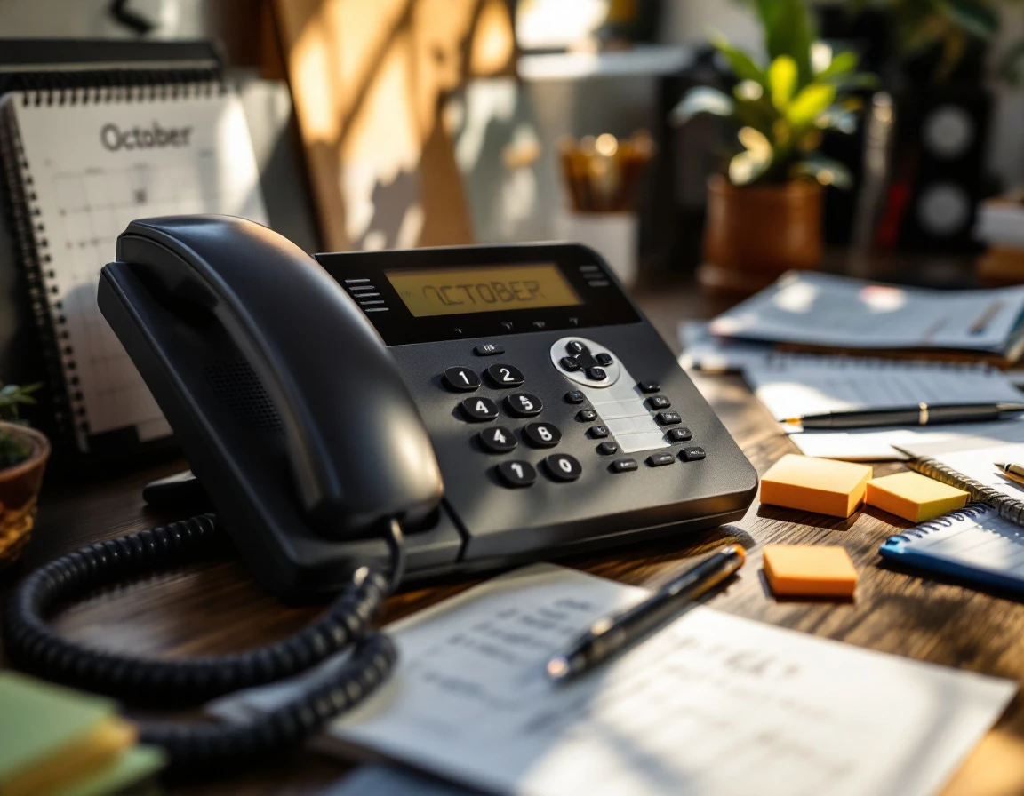 Business desk with multi-line phone surrounded by October calendar notes and preparation checklists