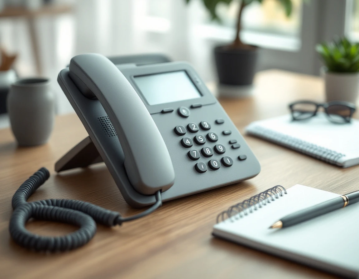 Business desk phone with smooth keypad on office desk with plants and organized papers