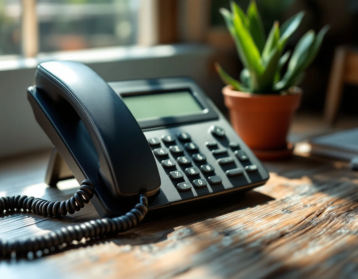 Business desk phone with handset and coiled cord on wooden office desk beside small potted plant
