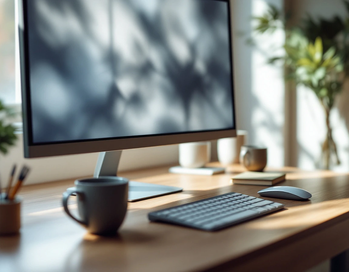 Modern office desk with computer monitor and coffee mug in natural window light showing business workspace