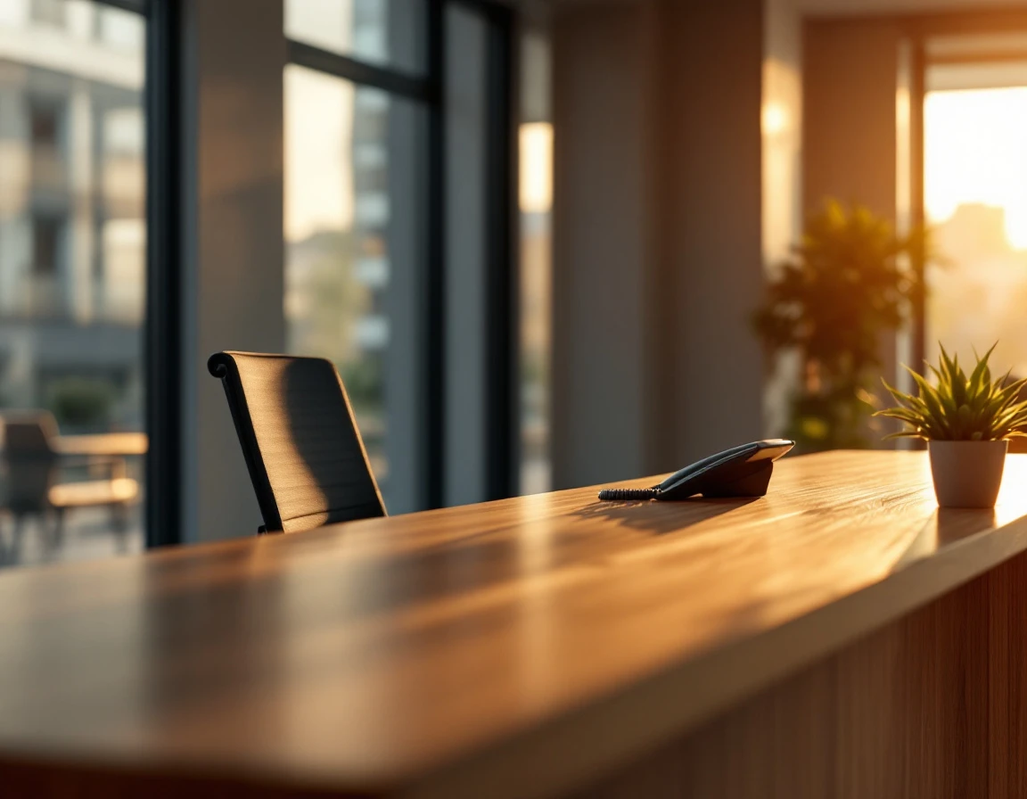 Empty reception desk with vacant chair in modern office highlighting workforce automation shift
