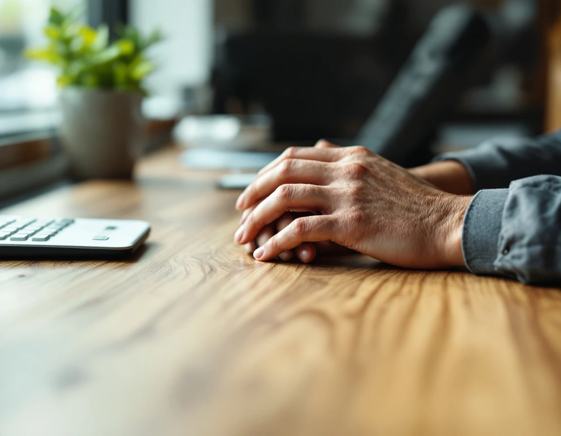 Business owner's hands on desk with phone system considering automation decision