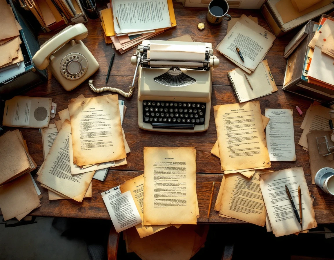 Overhead view of cluttered vintage office desk with rotary phone, typewriter, and scattered papers showing administrative chaos