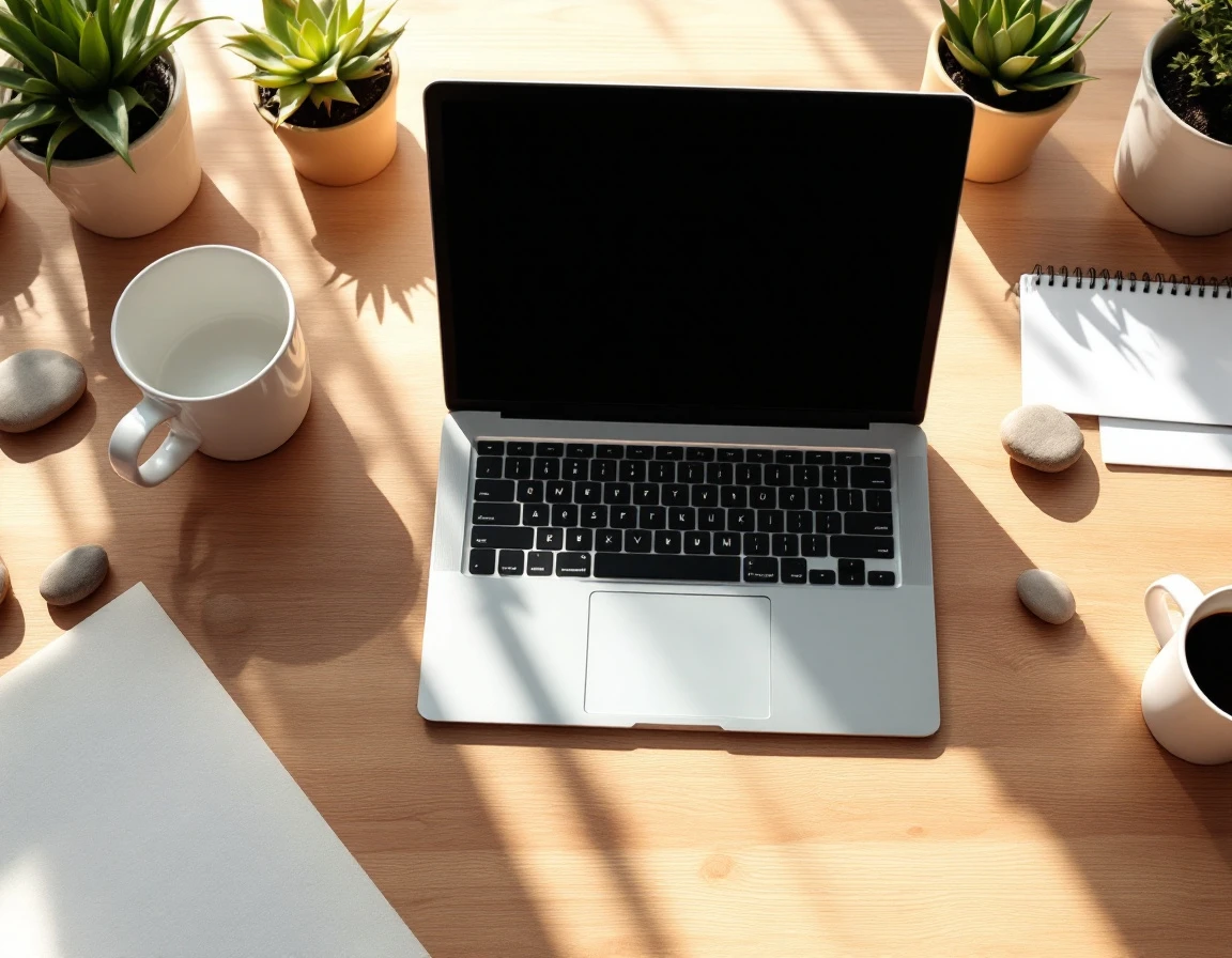 Organized small business workspace with smartphone, laptop, and coffee in natural morning light