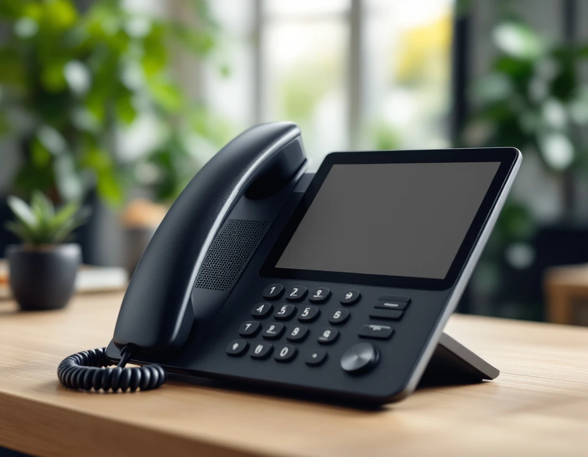 Modern IP desk phone on wooden office desk with natural window lighting and blurred background