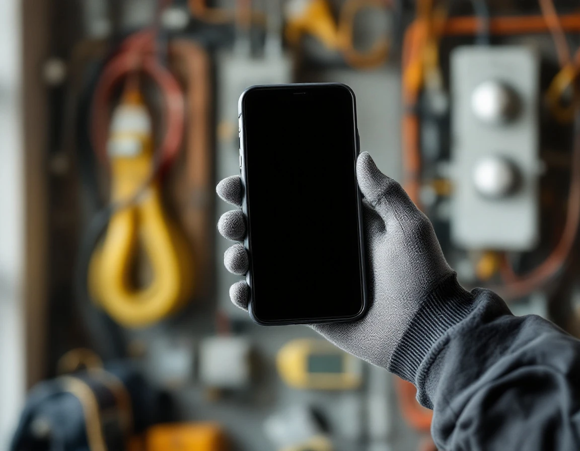Electrician holding smartphone near electrical panel, representing modern business communication tools