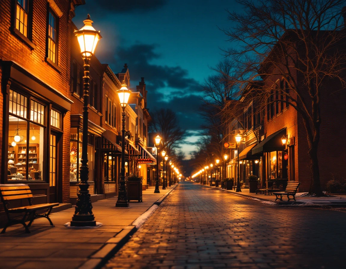 Small-town main street at dusk with warmly lit storefronts and street lamps creating an inviting atmosphere