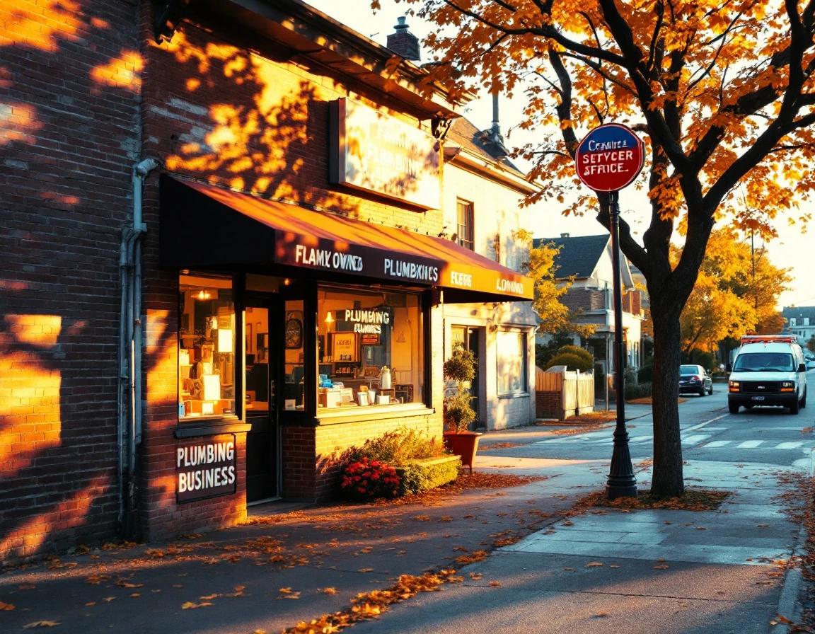 Small service business storefront on a quiet neighborhood street with service van parked outside
