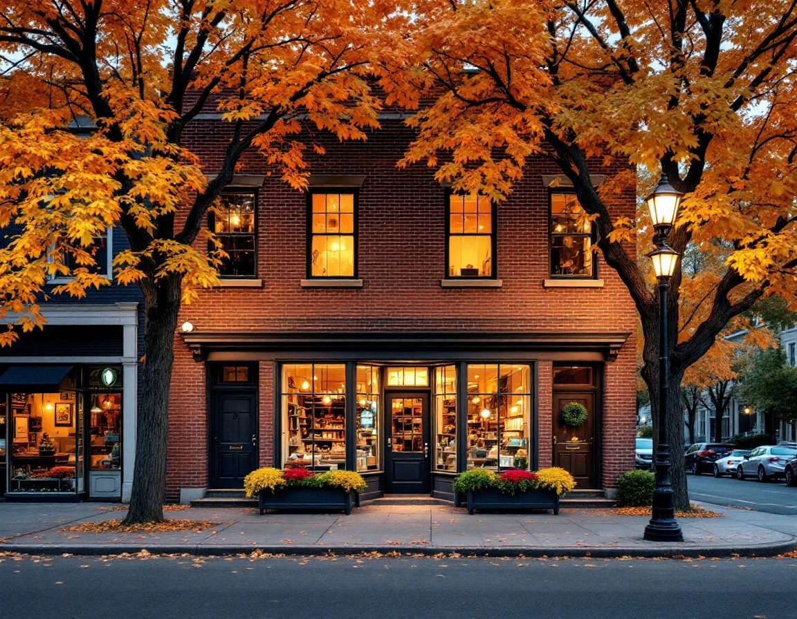Brick storefront with warm window glow on small business street at autumn dusk