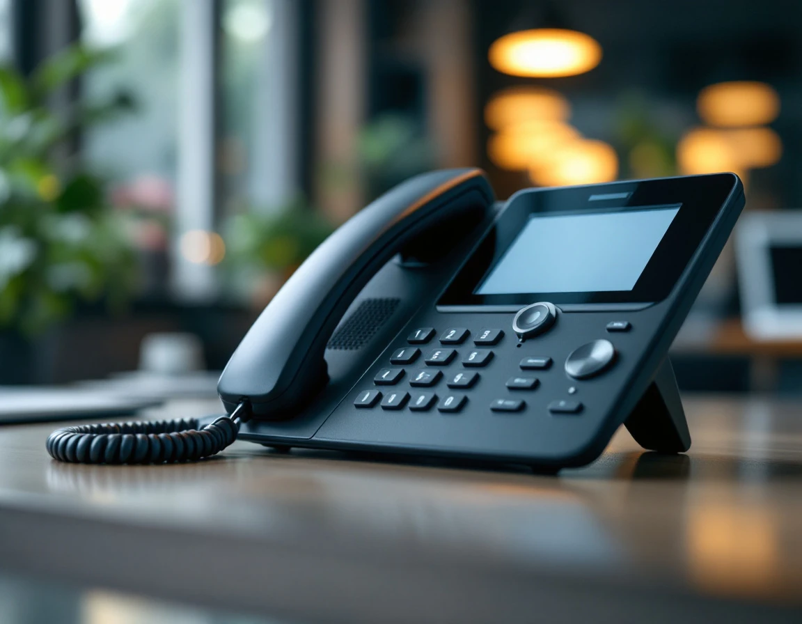 Modern business IP phone on office desk with natural lighting emphasizing professional communication technology
