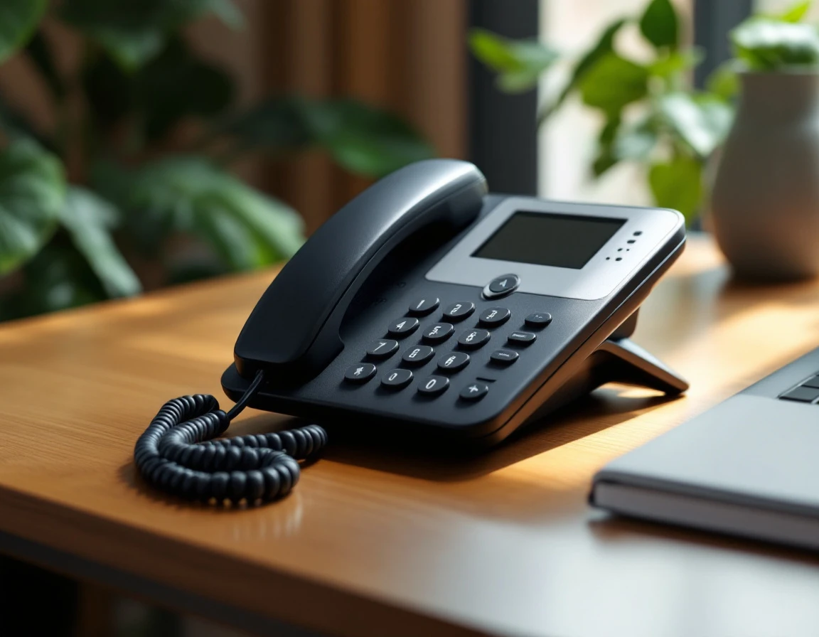 Modern business desk phone in professional office setting with natural lighting