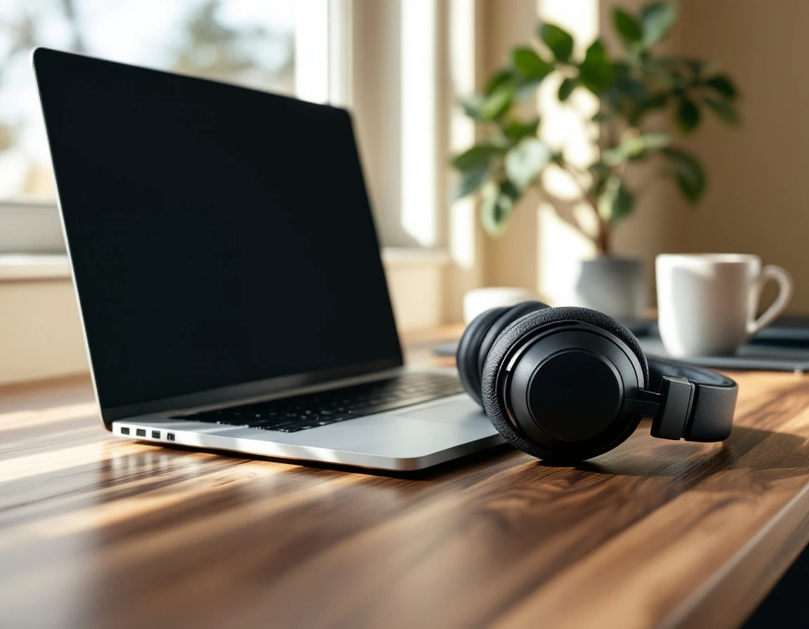 Professional laptop and headphones on wooden desk with natural lighting in home office workspace