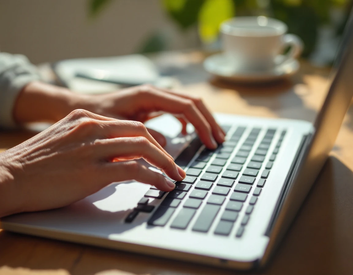 Hands typing on laptop keyboard with coffee cup in background, capturing customer communication workflow
