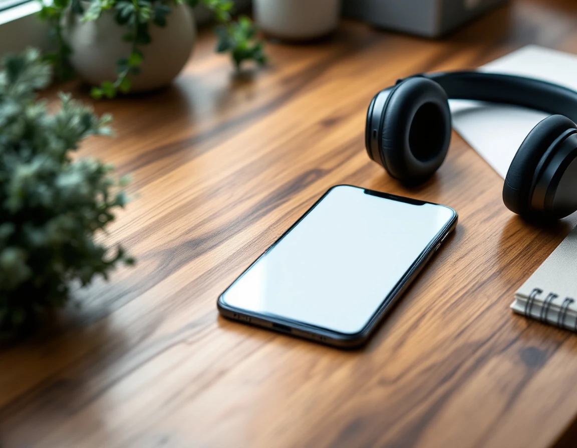 Modern desk workspace with smartphone and headset for business customer communication