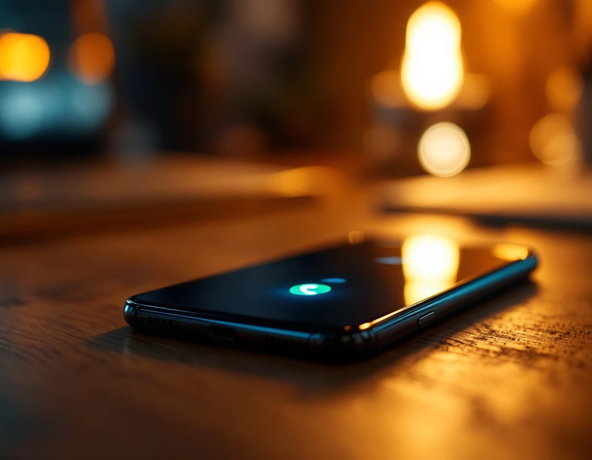 Smartphone receiving incoming call on wooden desk with ambient office lighting during peak business hours