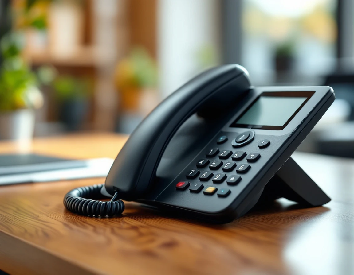 Business desk phone on office desk highlighting call handling equipment for professional communication