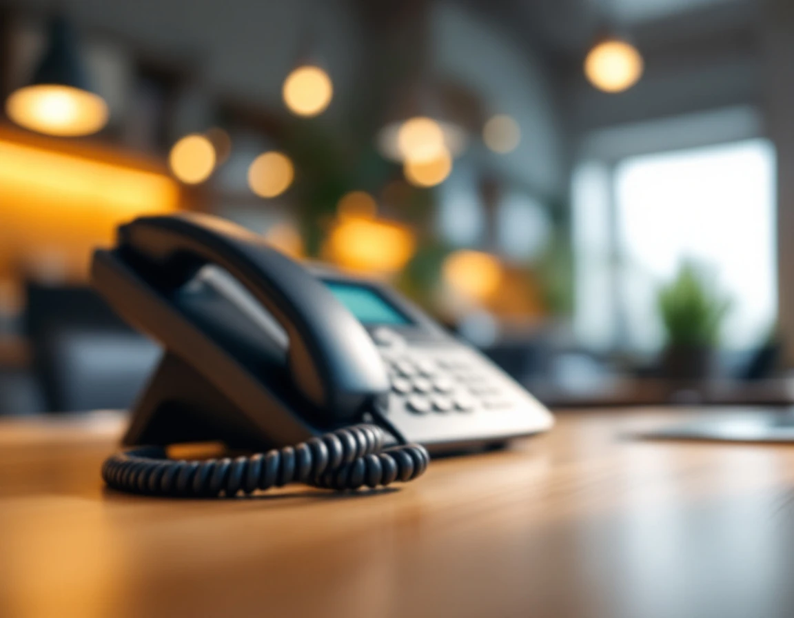Business desk phone with coiled handset cable in focus on modern office desk