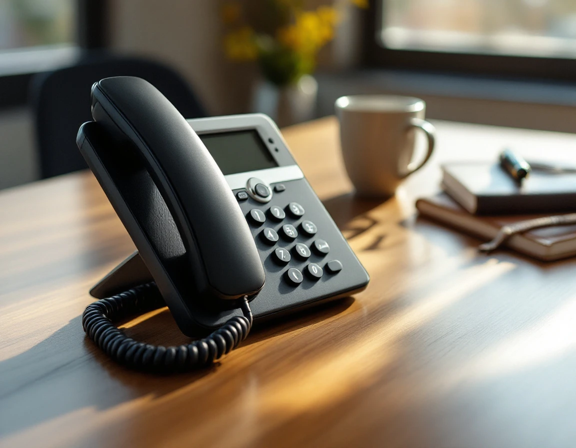 Business telephone system on professional office desk with coffee and notebook in background