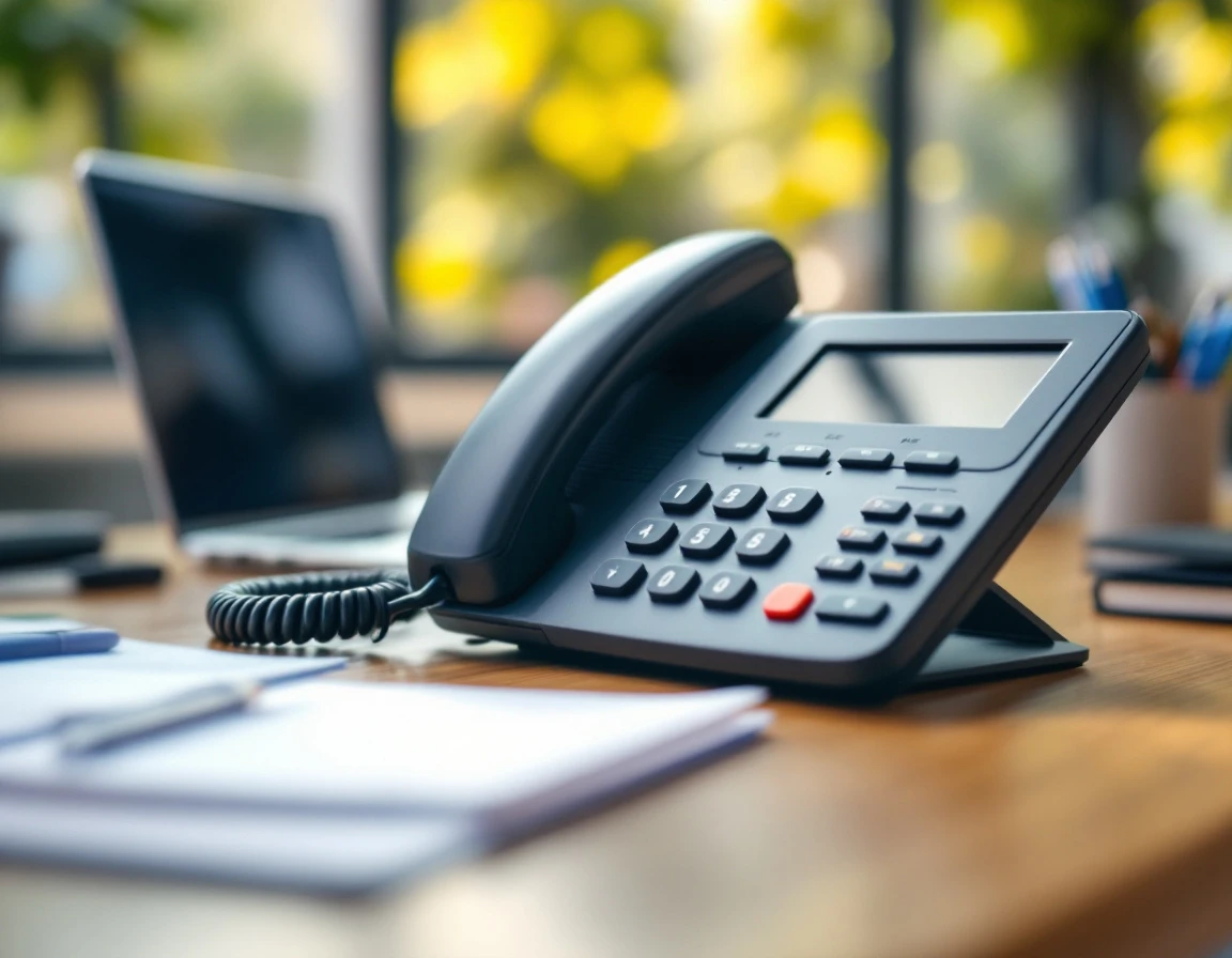Modern multi-line business phone on office desk with soft natural lighting and shallow depth of field