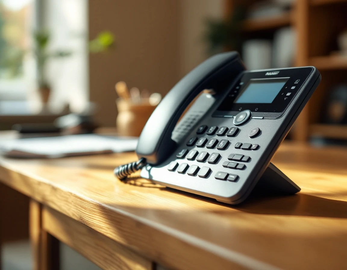 Modern business desk telephone with handset on wood surface in professional office setting