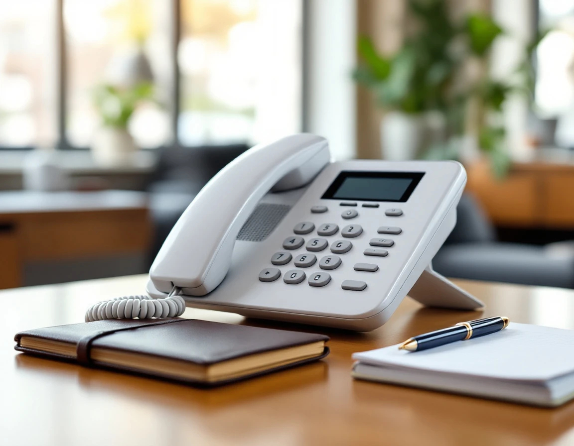 Modern desk telephone with notepad in professional office reception area
